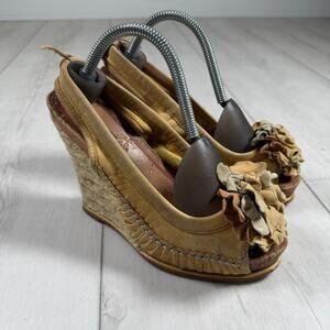 Miss Sixty High Heel Wedge Sandals Boho Hippie Leather Floral Yellow Tan 37